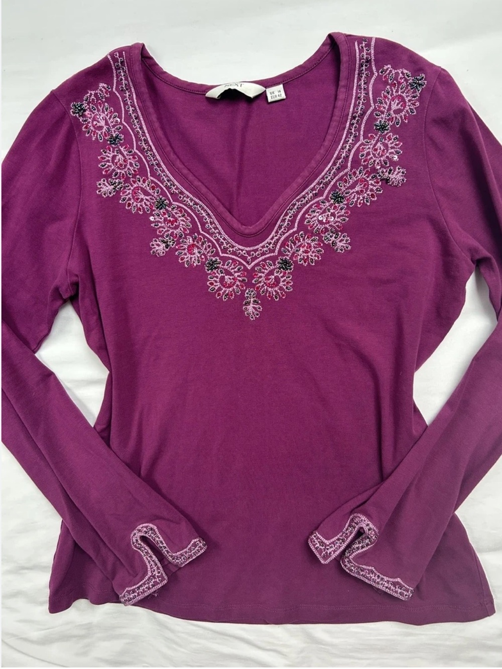 Purple Embroidered V-Neck Long Sleeve Top